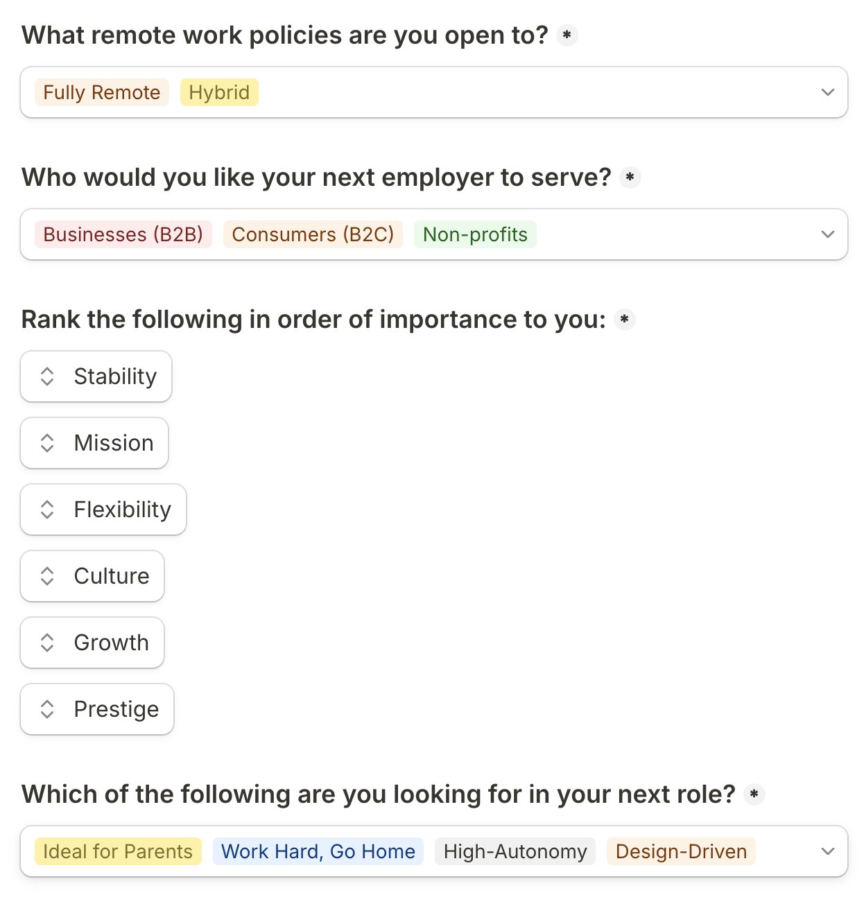 Multi-select dropdowns for remote policy and customer type, with a drag-to-rank list of six fit factors.