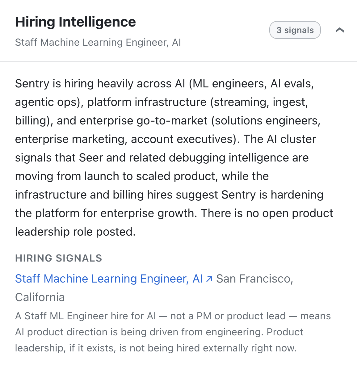 Hiring intelligence panel listing open roles with notes on what each signals about team growth and org structure.